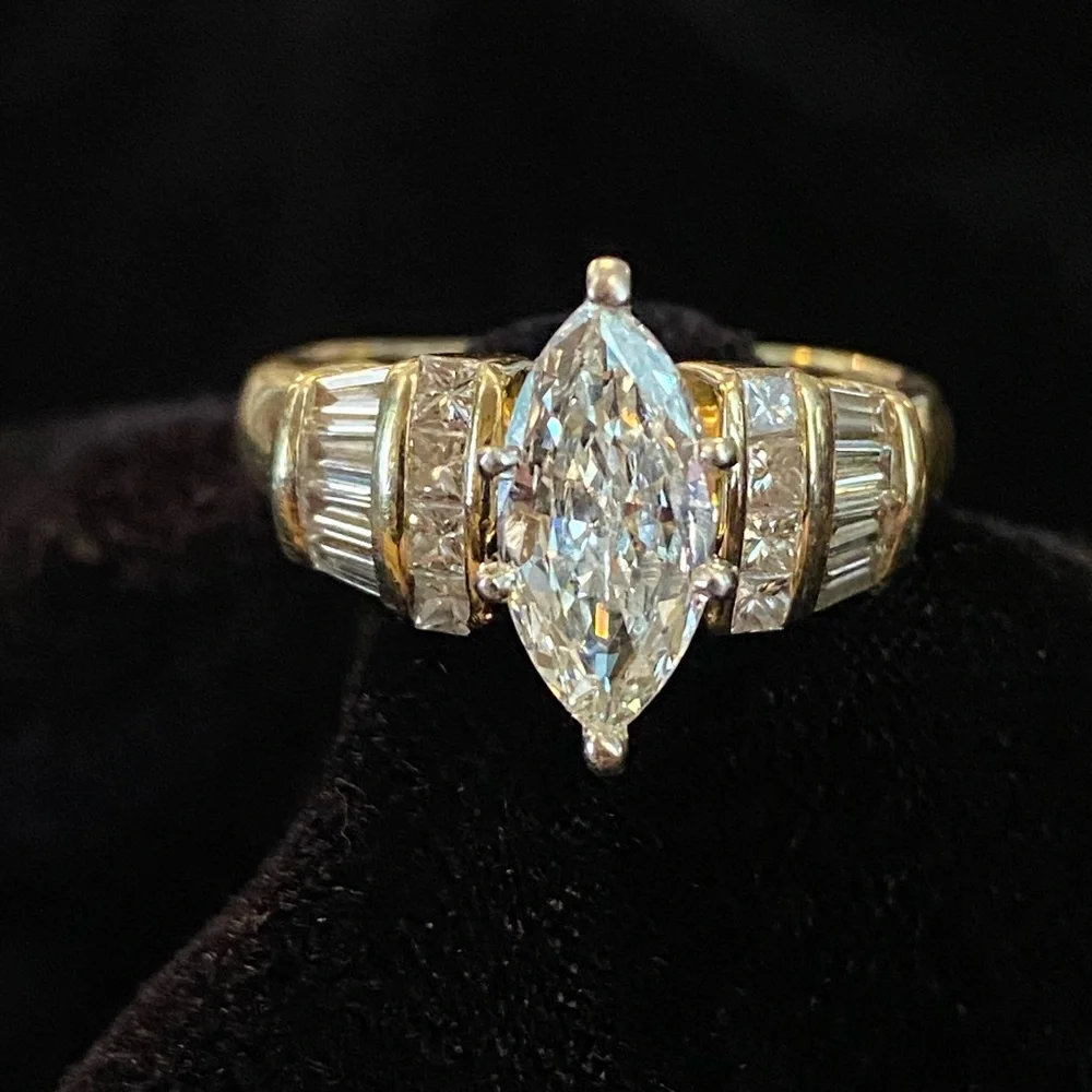 Genuine diamond wedding ring, 1ct marquee, princess & baguettes 14KT gold 1.87ct - Picture 1 of 9